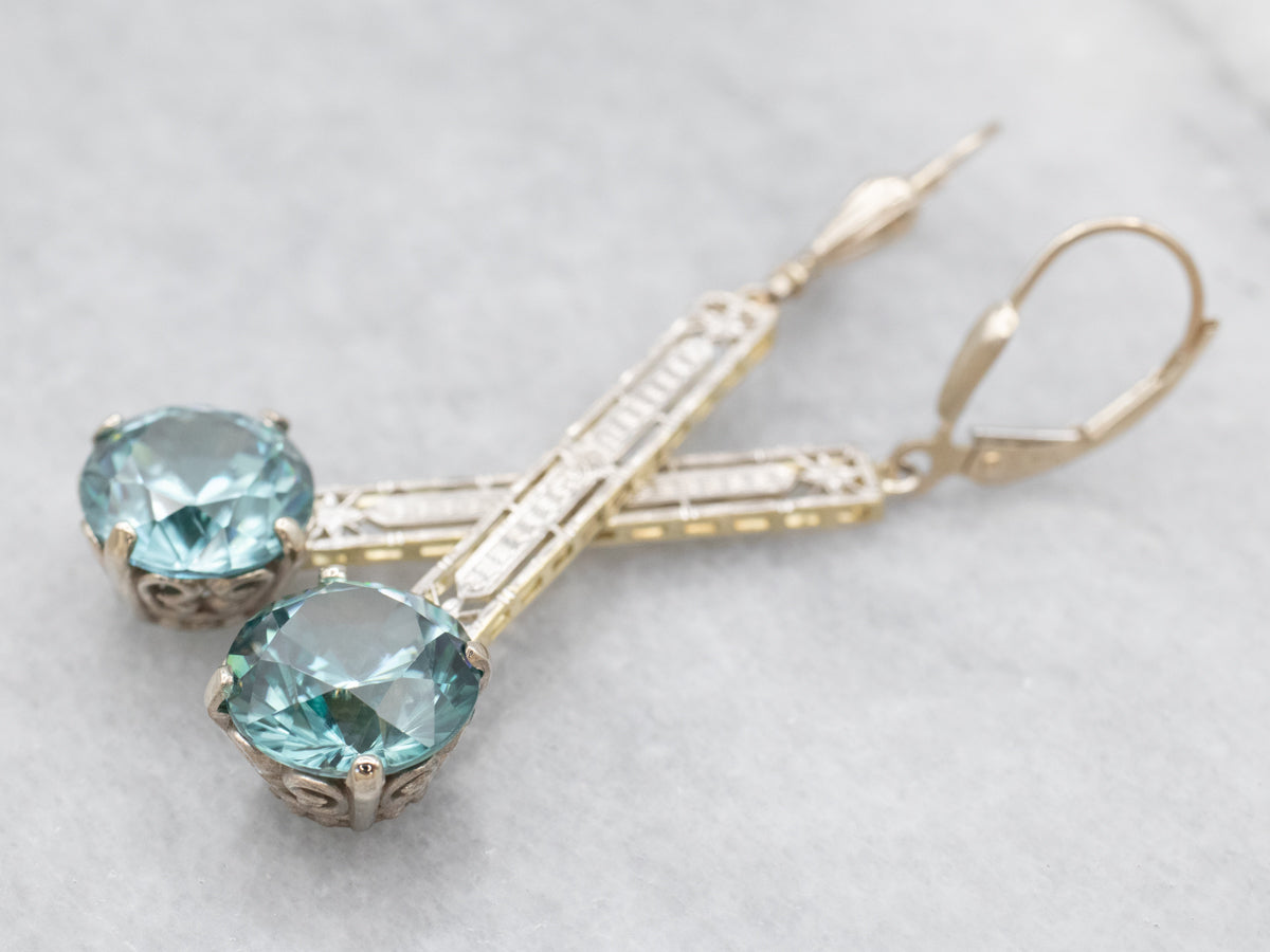 Blue Zircon Engraved Bar Drop Earrings