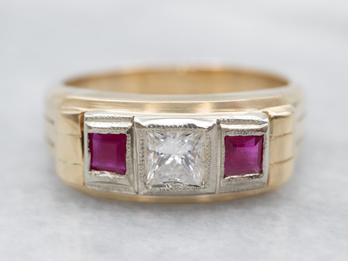 Men&#39;s Vintage Synthetic Ruby and Diamond Band