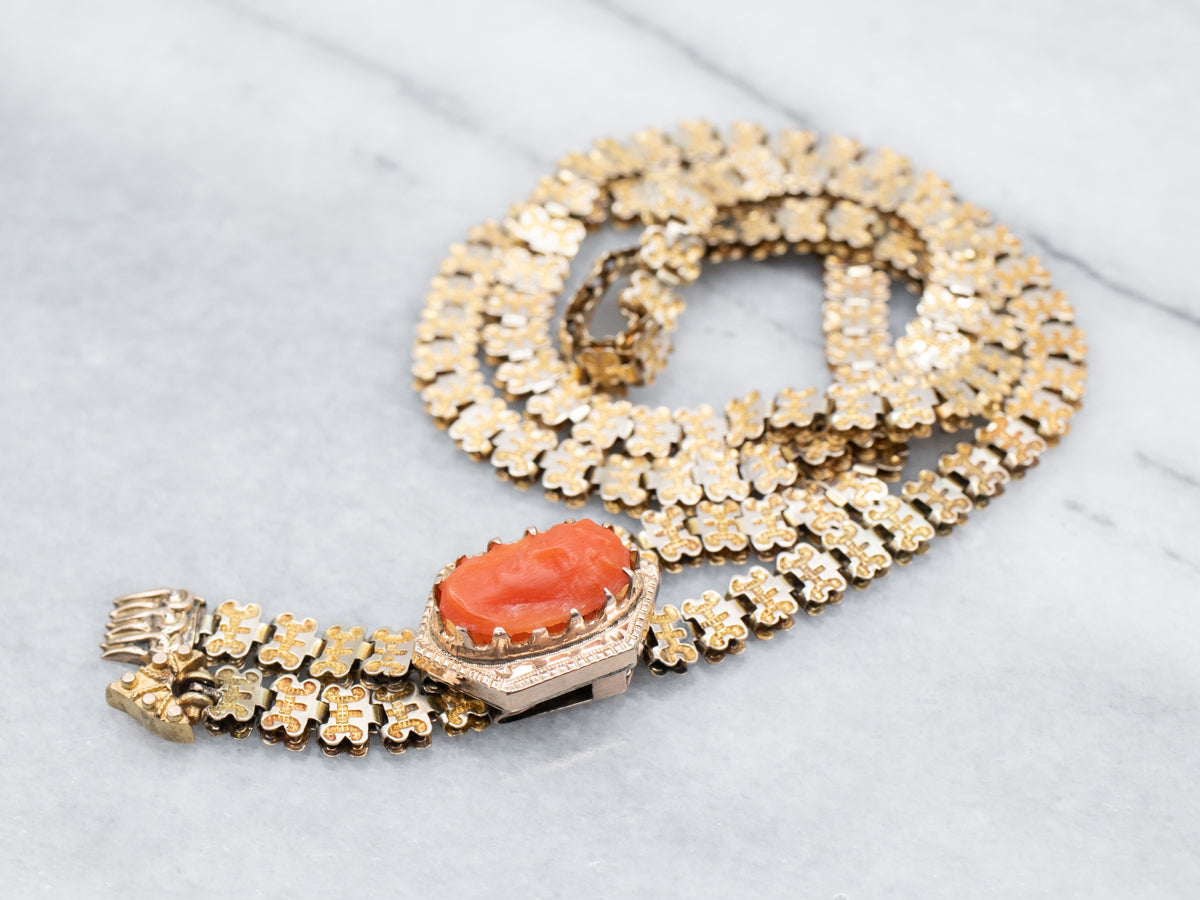 Victorian Era Coral Cameo Lariat Necklace