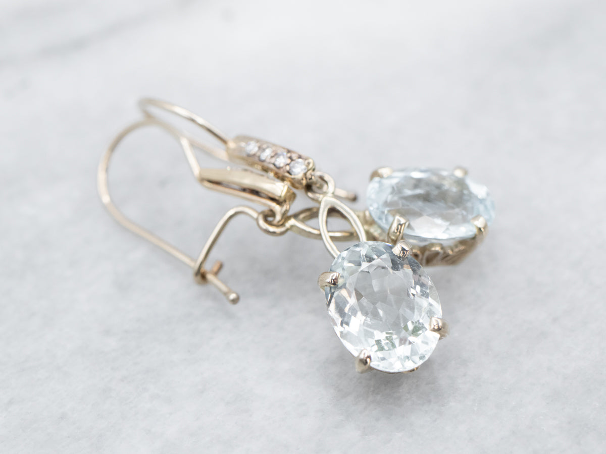 White Gold Aquamarine and Diamond Drop Earrings