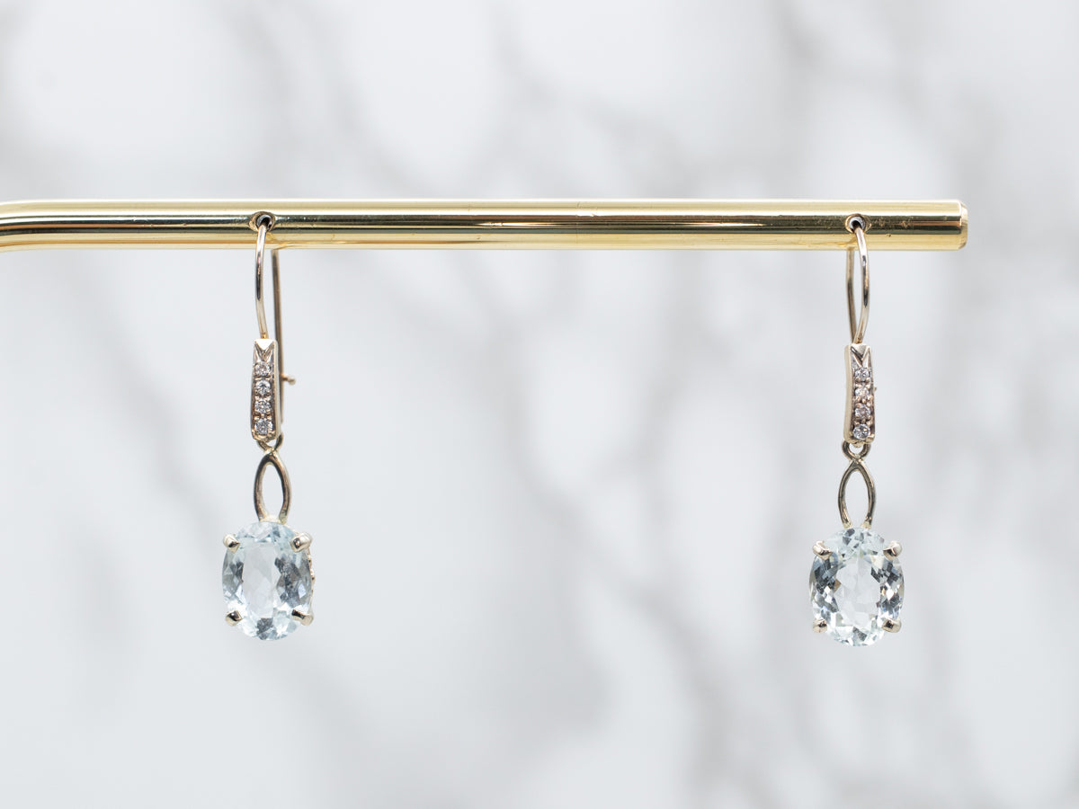 White Gold Aquamarine and Diamond Drop Earrings