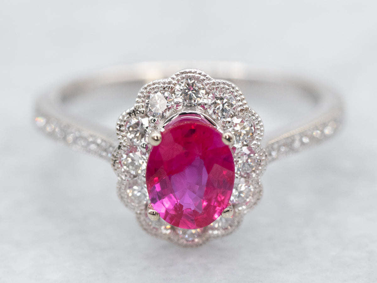 White Gold Ruby and Diamond Halo Ring