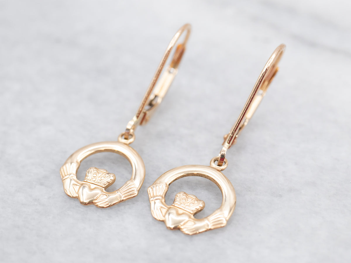 Yellow Gold Claddagh Drop Earrings