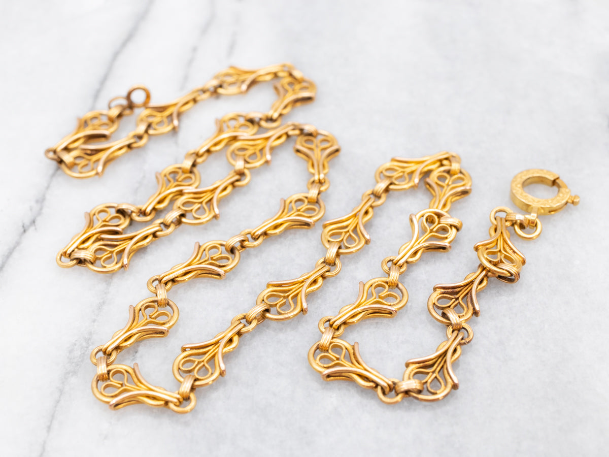 Ornate Antique Bloomed Gold Link Chain Necklace