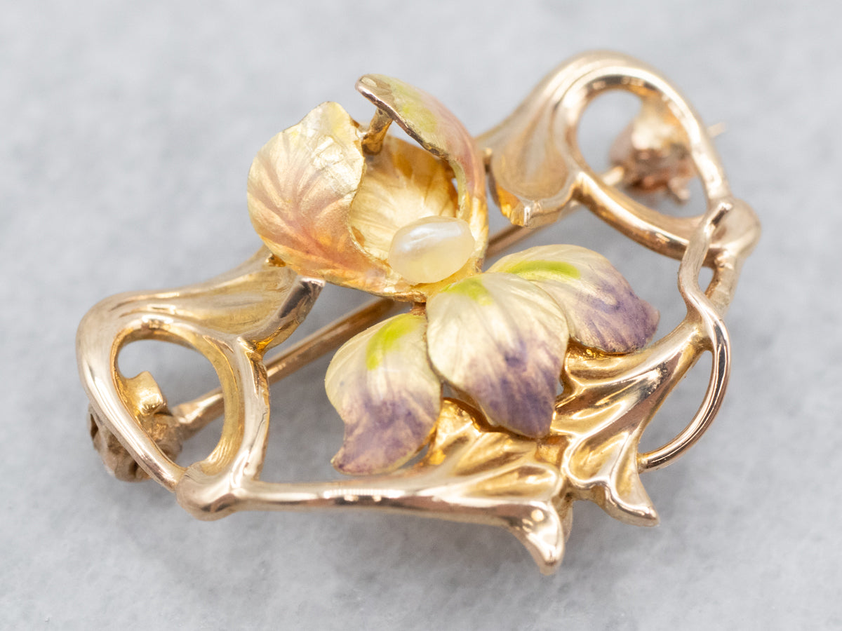 Broche Iris Art Nouveau de oro amarillo y esmalte