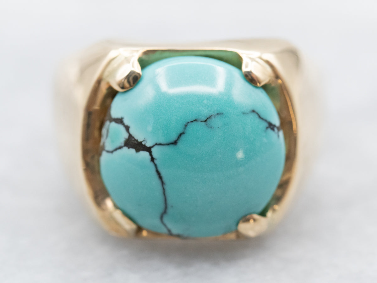 Unisex Vintage Gold Turquoise Solitaire Ring