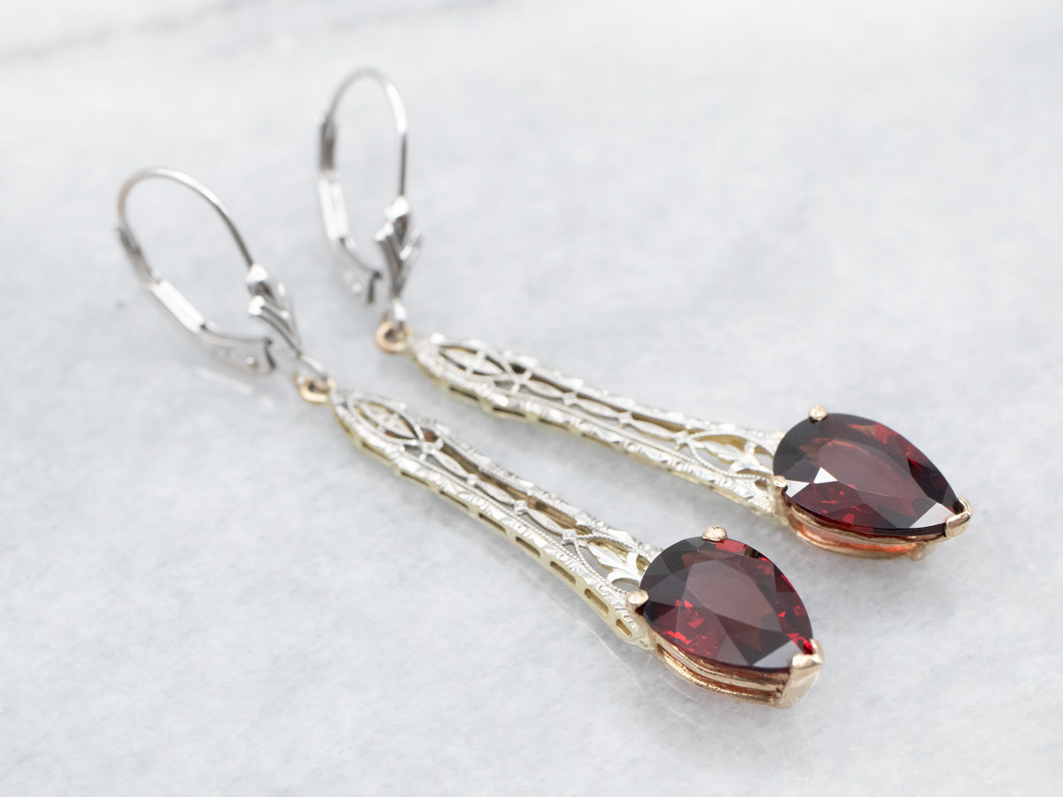 Two Tone Gold Pyrope Garnet Filigree Drop Earrings