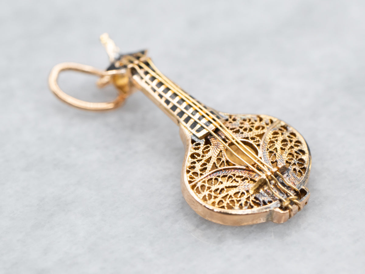 Ornate Black  Enamel and Gold Mandolin Charm