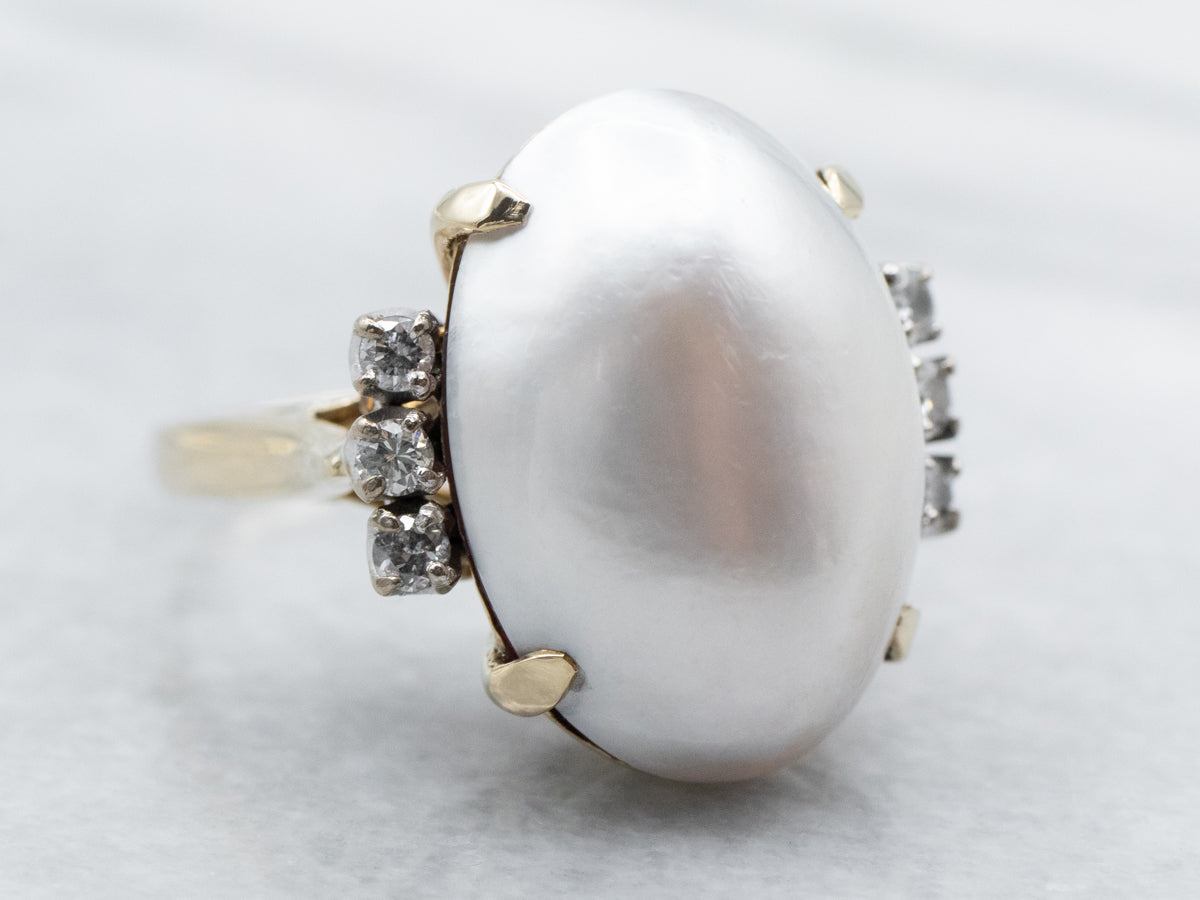 Vintage Mabe Pearl and Diamond Cocktail Ring