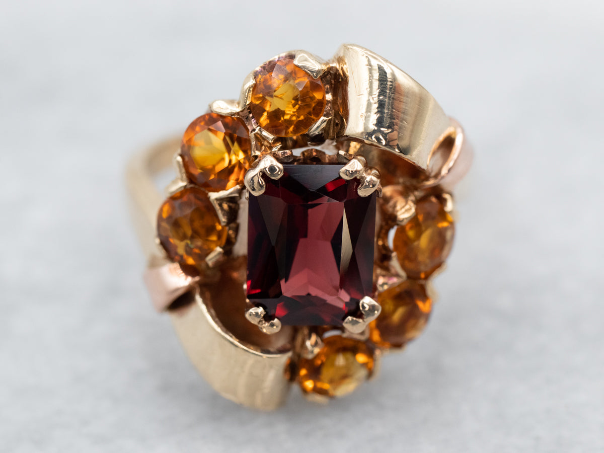 Retro Era Garnet and Citrine Statement Ring