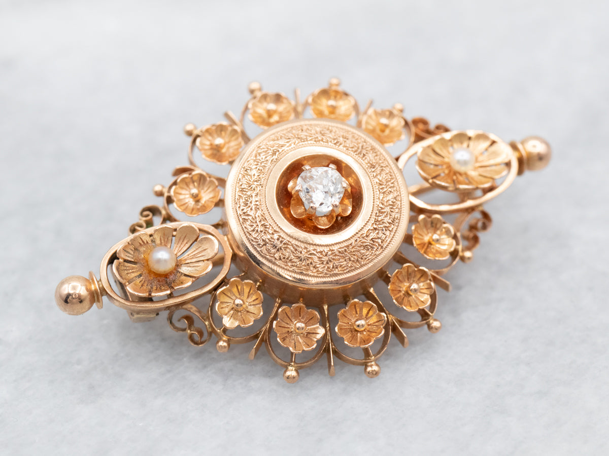 Floral Old Mine Cut Diamond and Seed Pearl Brooch