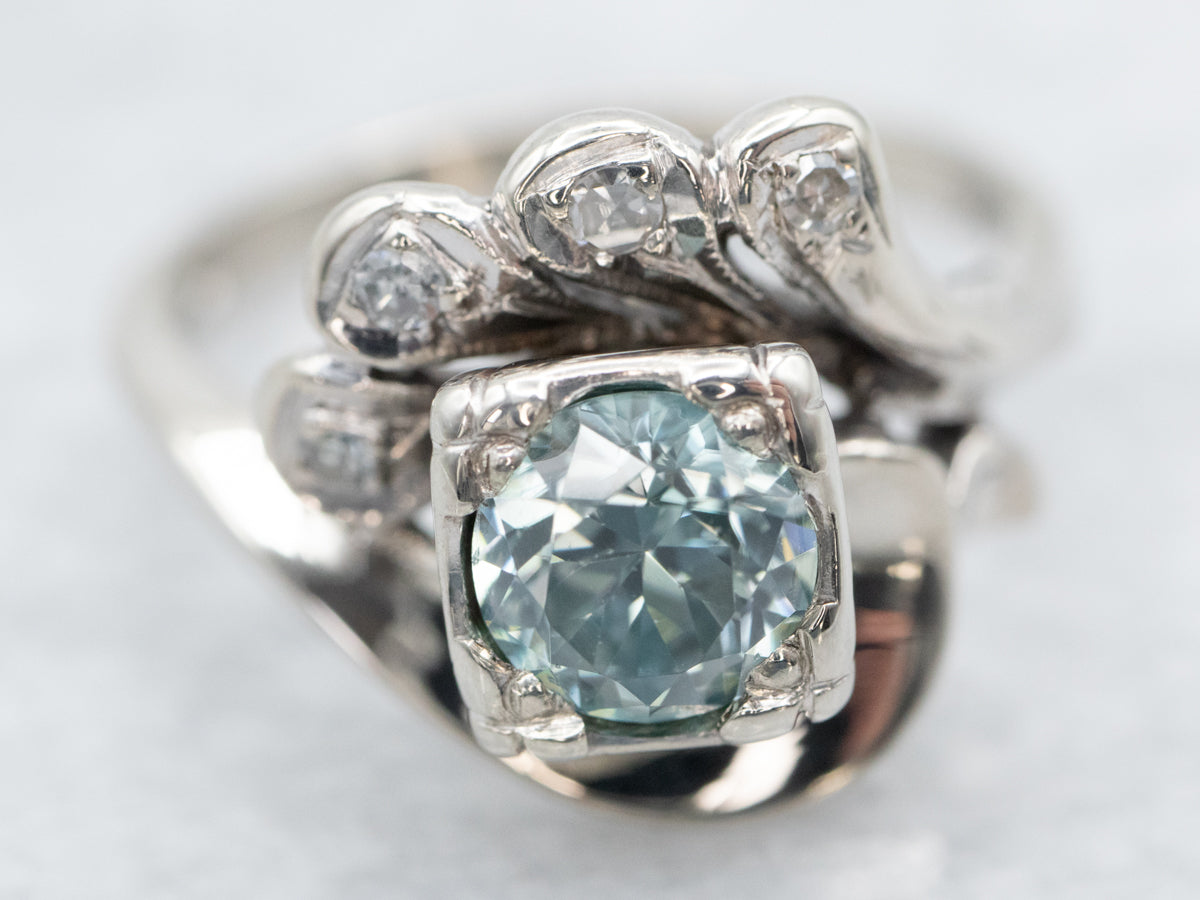 Retro Era Blue Zircon and Diamond Bypass Ring