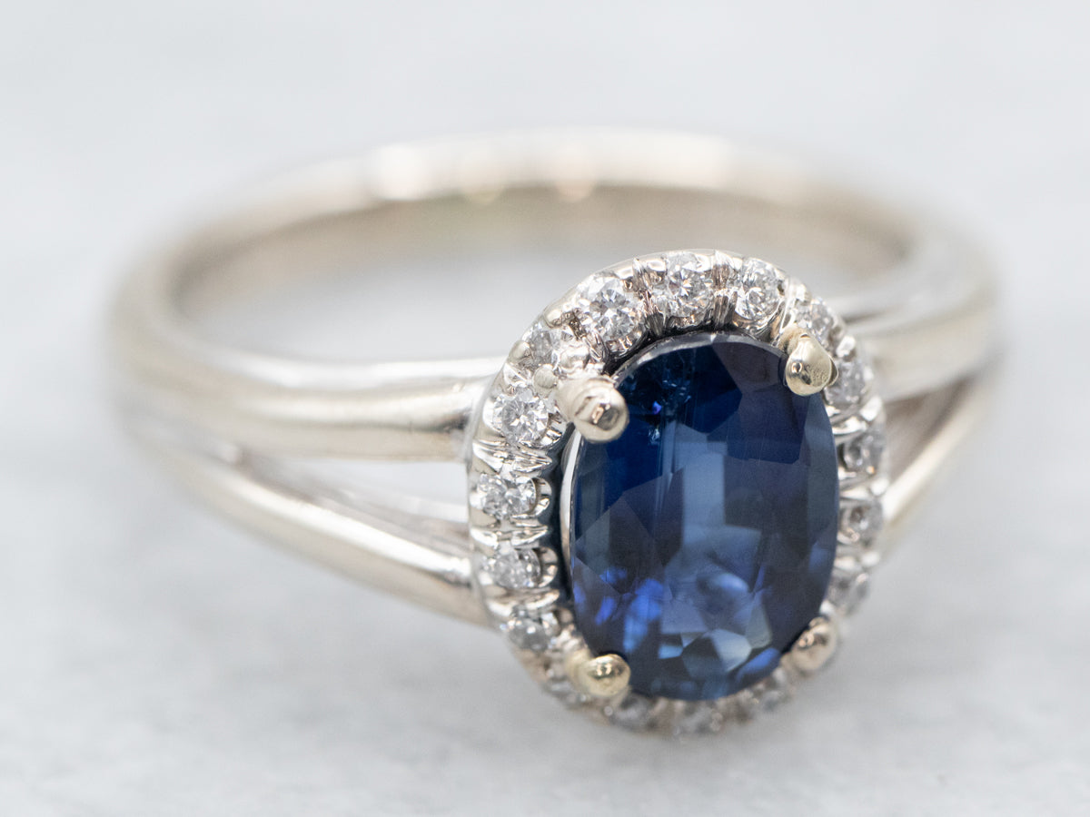 Modern Sapphire and Diamond Halo Engagement Ring