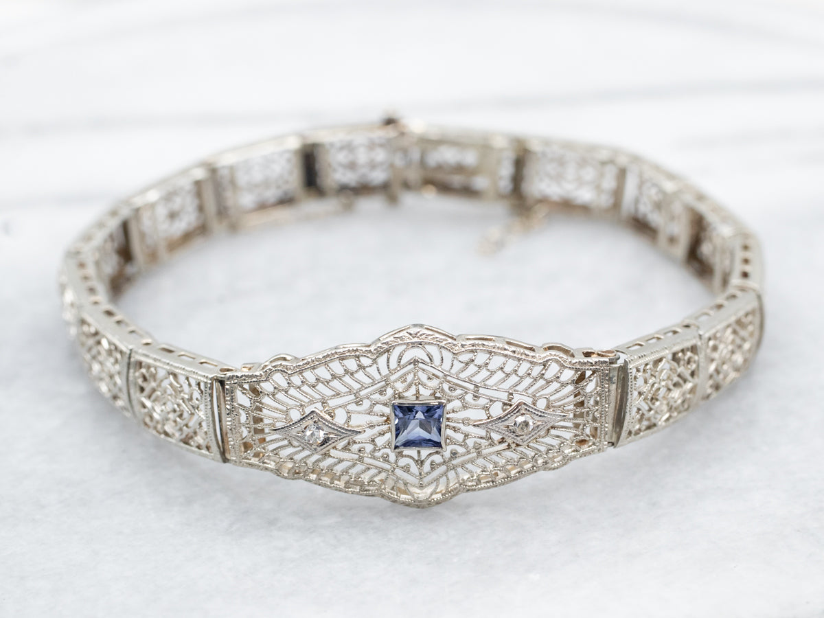 Art Deco Sapphire and Diamond Filigree Link Bracelet