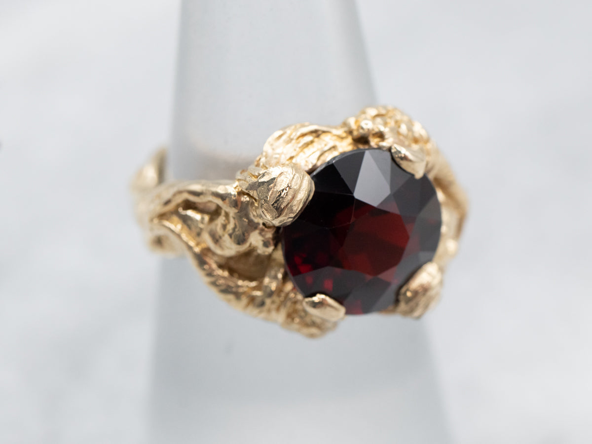 Art Nouveau Style Figure Cornucopia Pyrope Garnet Solitaire Ring