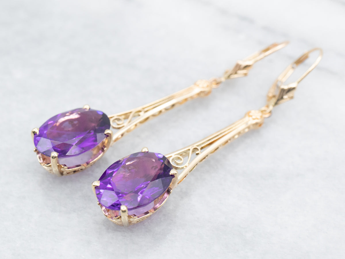 Long Scrolling Gold Amethyst Drop Earrings