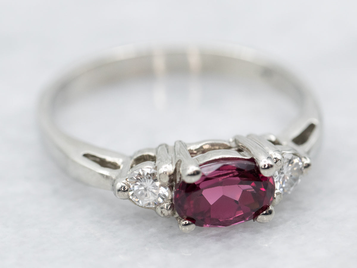 East to West Rhodolite Garnet and Diamond Ring