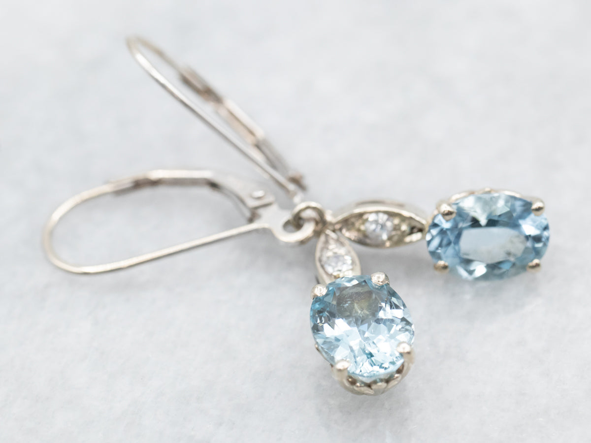 Oval Cut Aquamarine and Diamond Drop Earrings