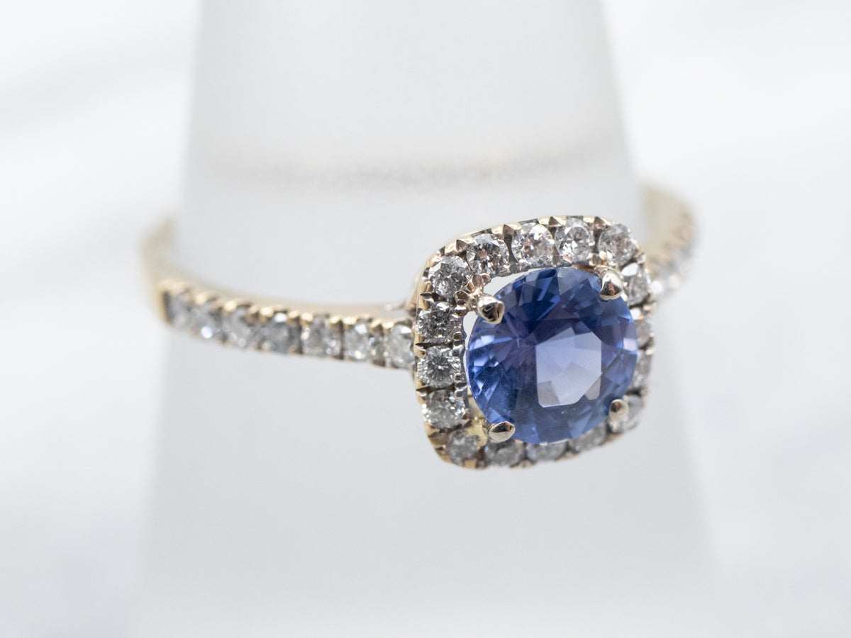 Blue Sapphire and Diamond Halo Ring