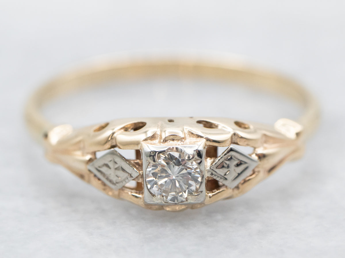 Two Toned Vintage Diamond Solitaire Engagement Ring