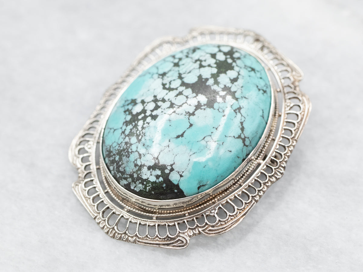 Vintage Turquoise Filigree Brooch or Pendant