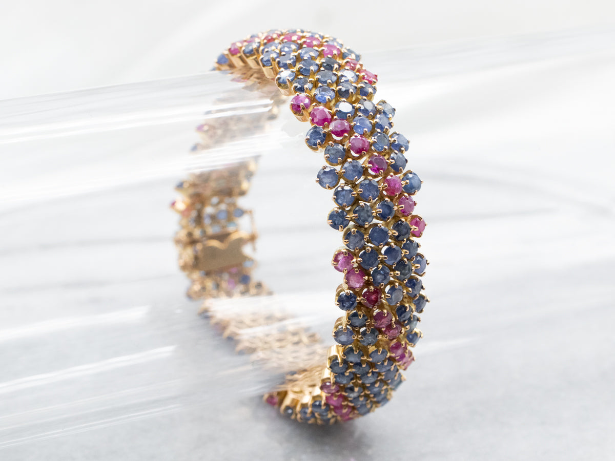 22K Yellow Gold Blue Sapphire and Ruby Encrusted Tennis Bracelet