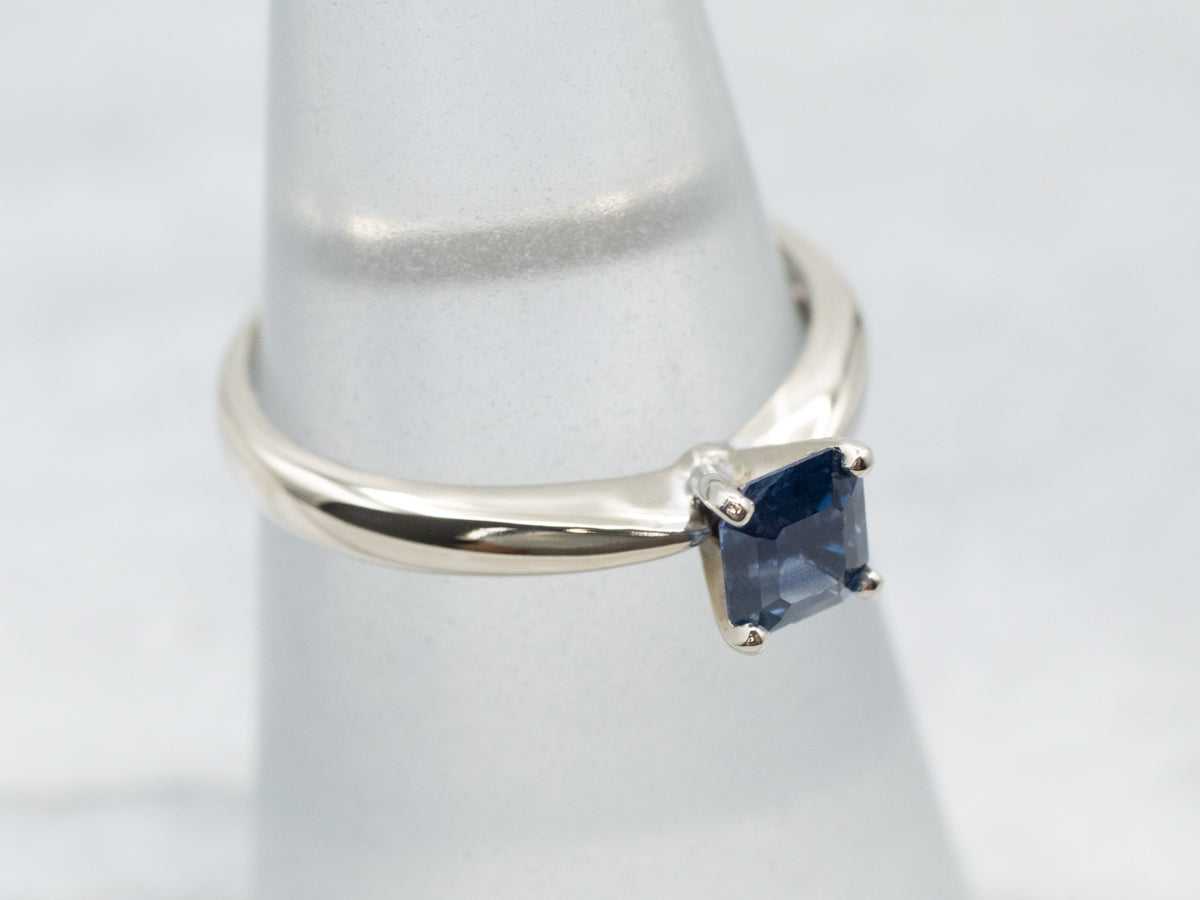 Simple Emerald Cut Blue Sapphire Solitaire Ring