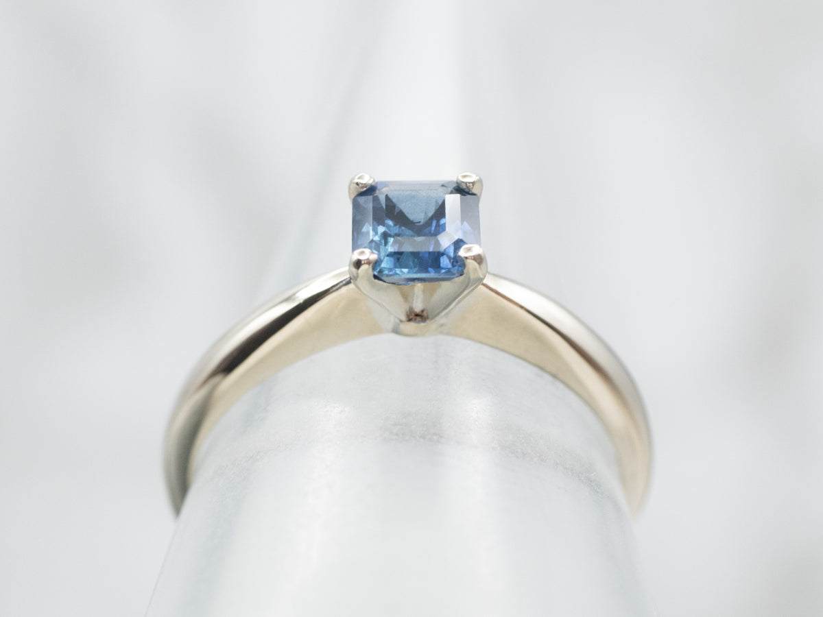 Simple Emerald Cut Blue Sapphire Solitaire Ring