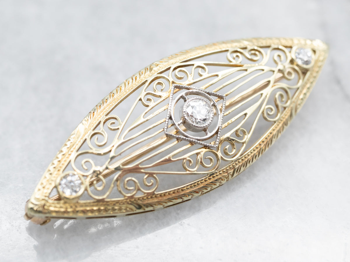 Mixed Metal Vintage Filigree Marquise Diamond Brooch