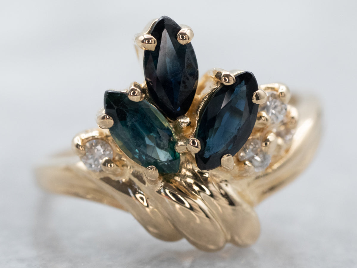 Three Stone Marquise Cut Sapphire and Diamond Cocktail Ring