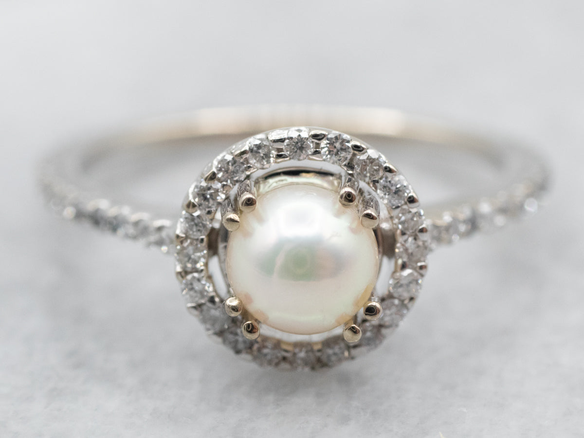 Gleaming Halo Diamond and Pearl Ring