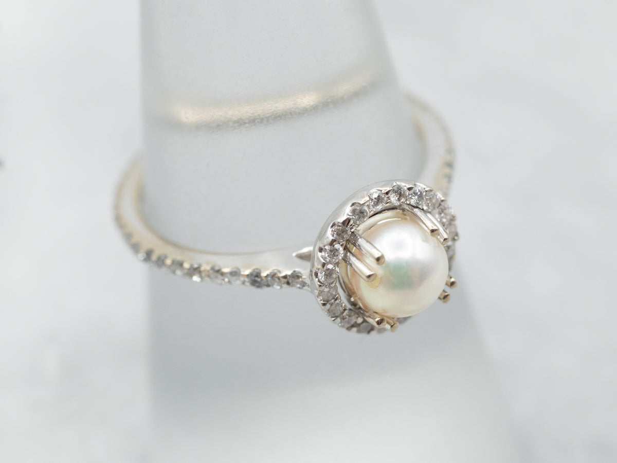 Gleaming Halo Diamond and Pearl Ring