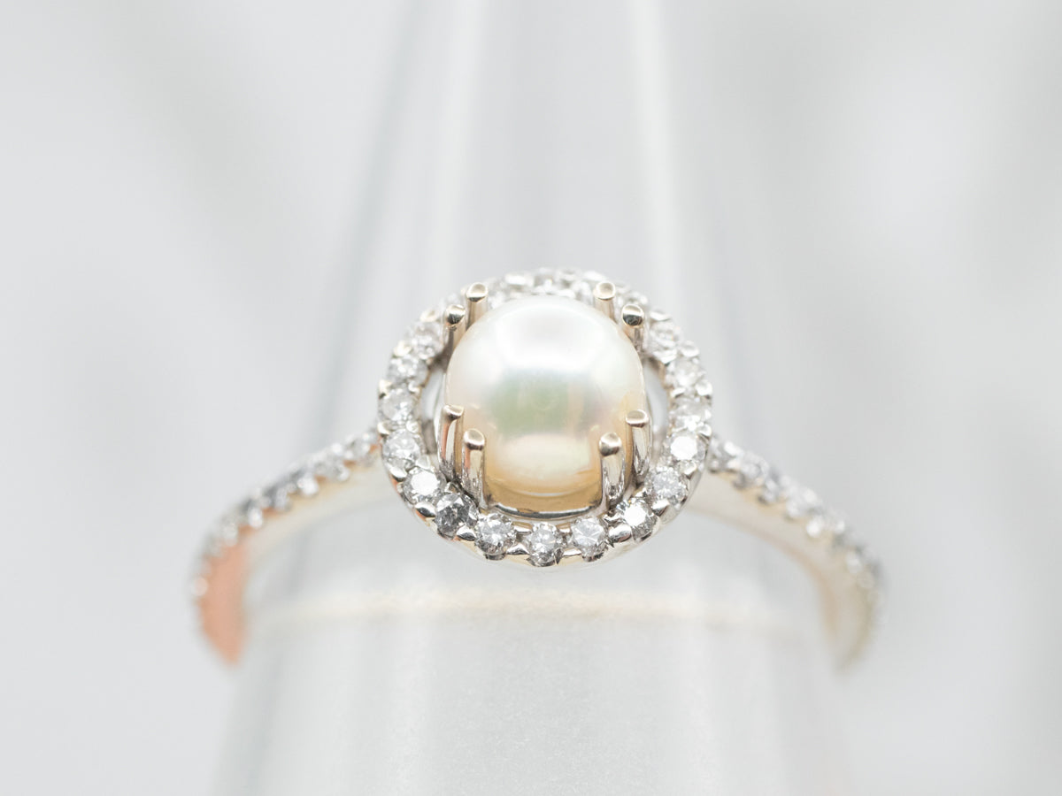 Gleaming Halo Diamond and Pearl Ring