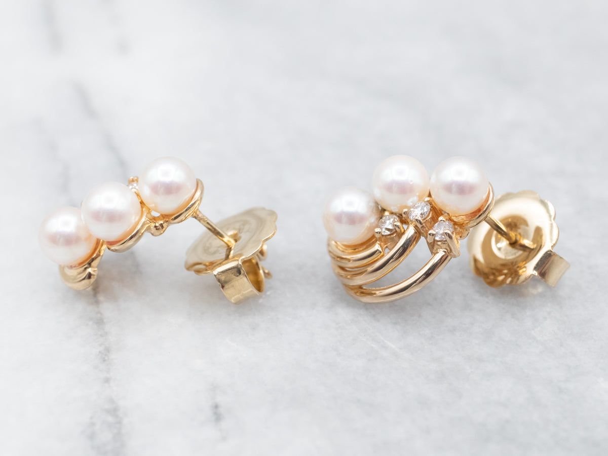 Mid Century Pearl and Diamond Stud Earrings