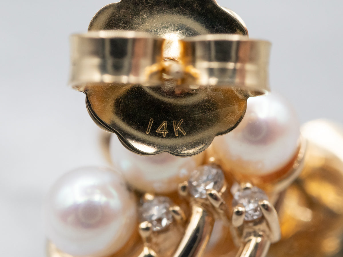 Mid Century Pearl and Diamond Stud Earrings