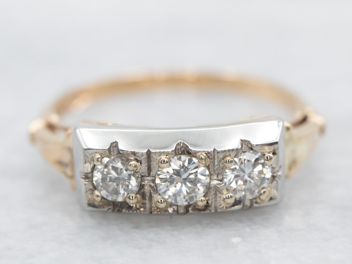 Retro Three Stone Diamond Engagement Ring