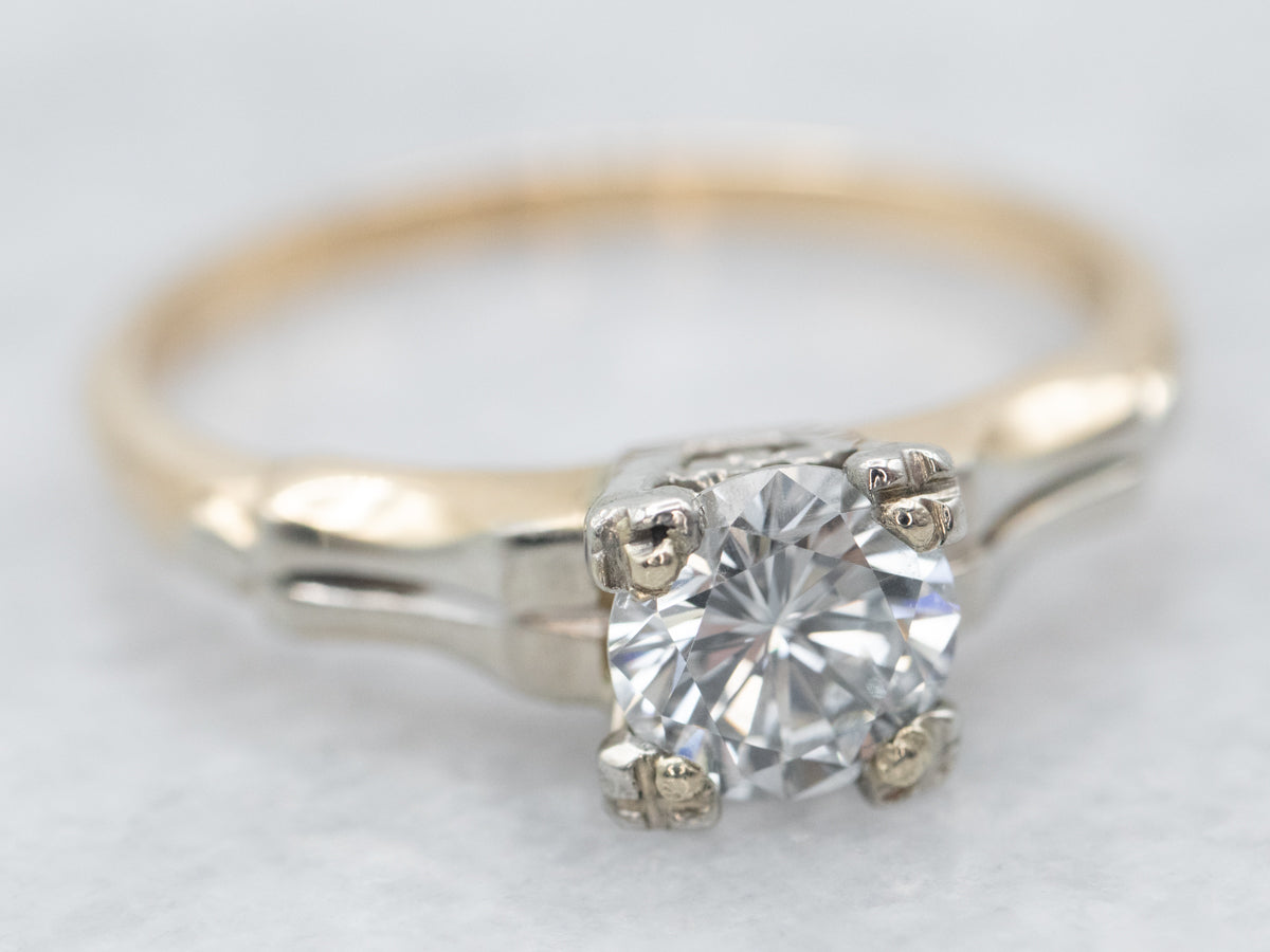 Retro Era Diamond Solitaire Engagement Ring in Two Tone Gold