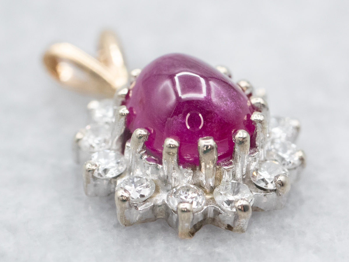 Two Toned Ruby Cabochon and Diamond Halo Pendant