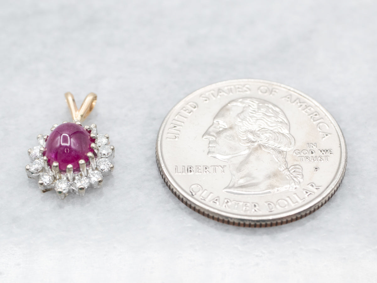 Two Toned Ruby Cabochon and Diamond Halo Pendant