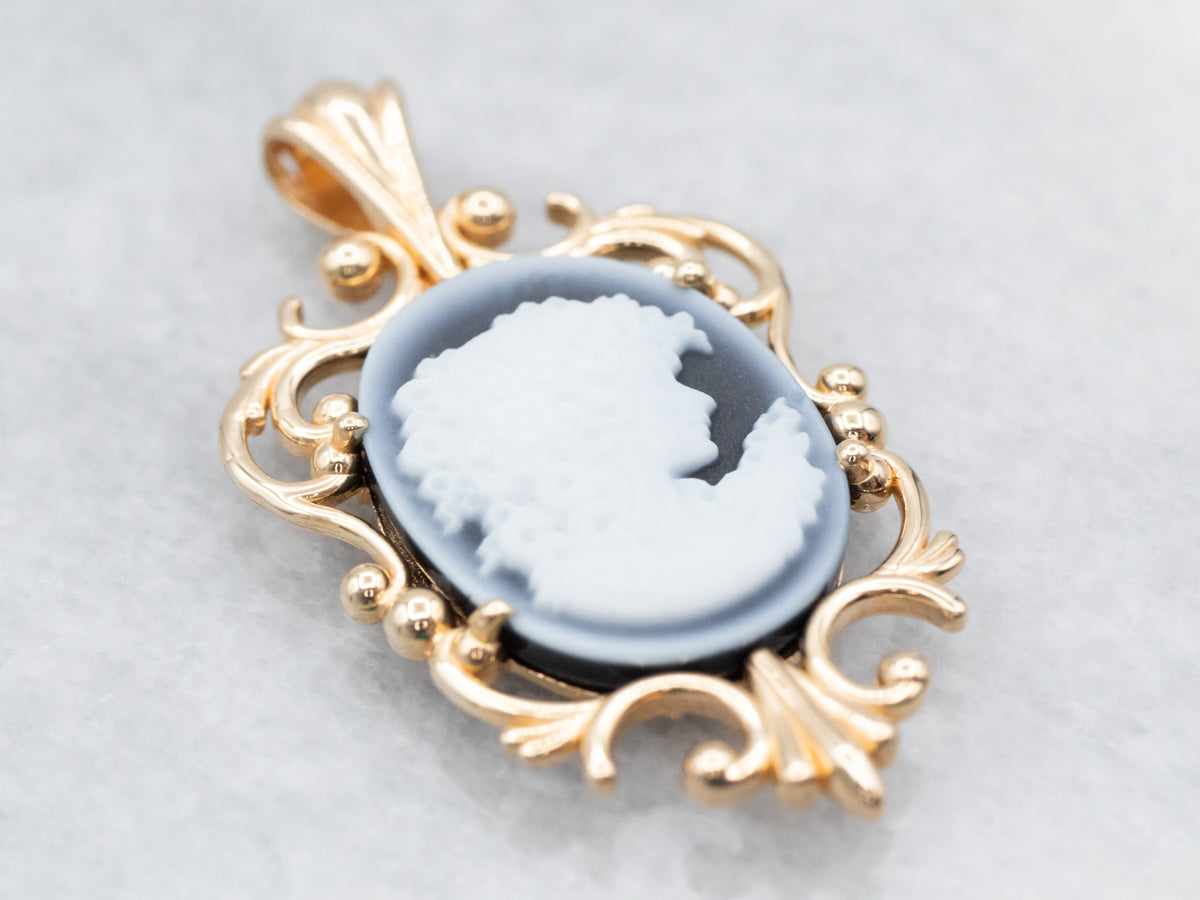 Scrolling Gold Black Onyx Cameo Pendant