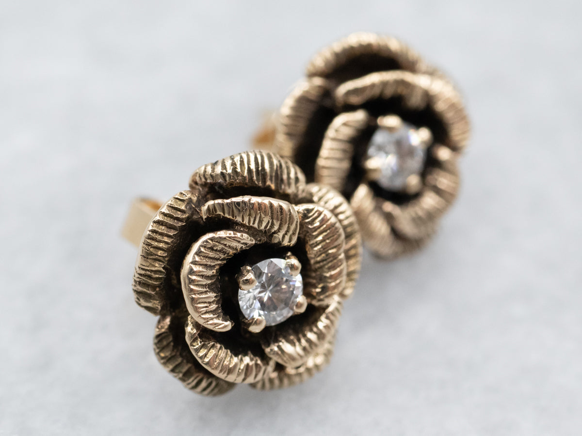 Yellow Gold Etched Flower and Diamond Stud Earrings