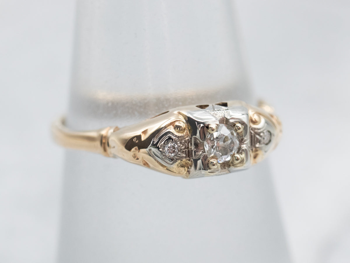 Exquisite Two-Tone Gold Old Mine Cut Diamond Engagement Ring