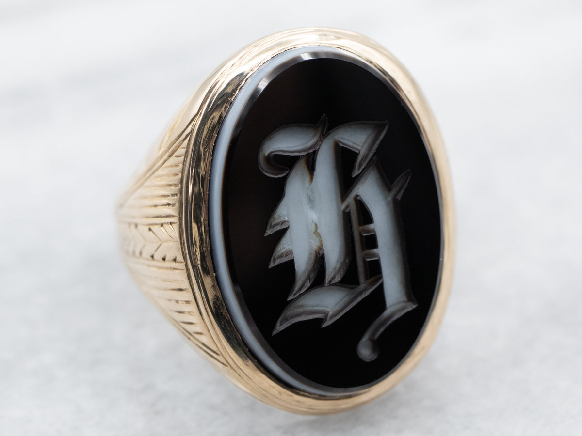 Antique Old English &#39;H&#39; Monogram Onyx Signet Ring