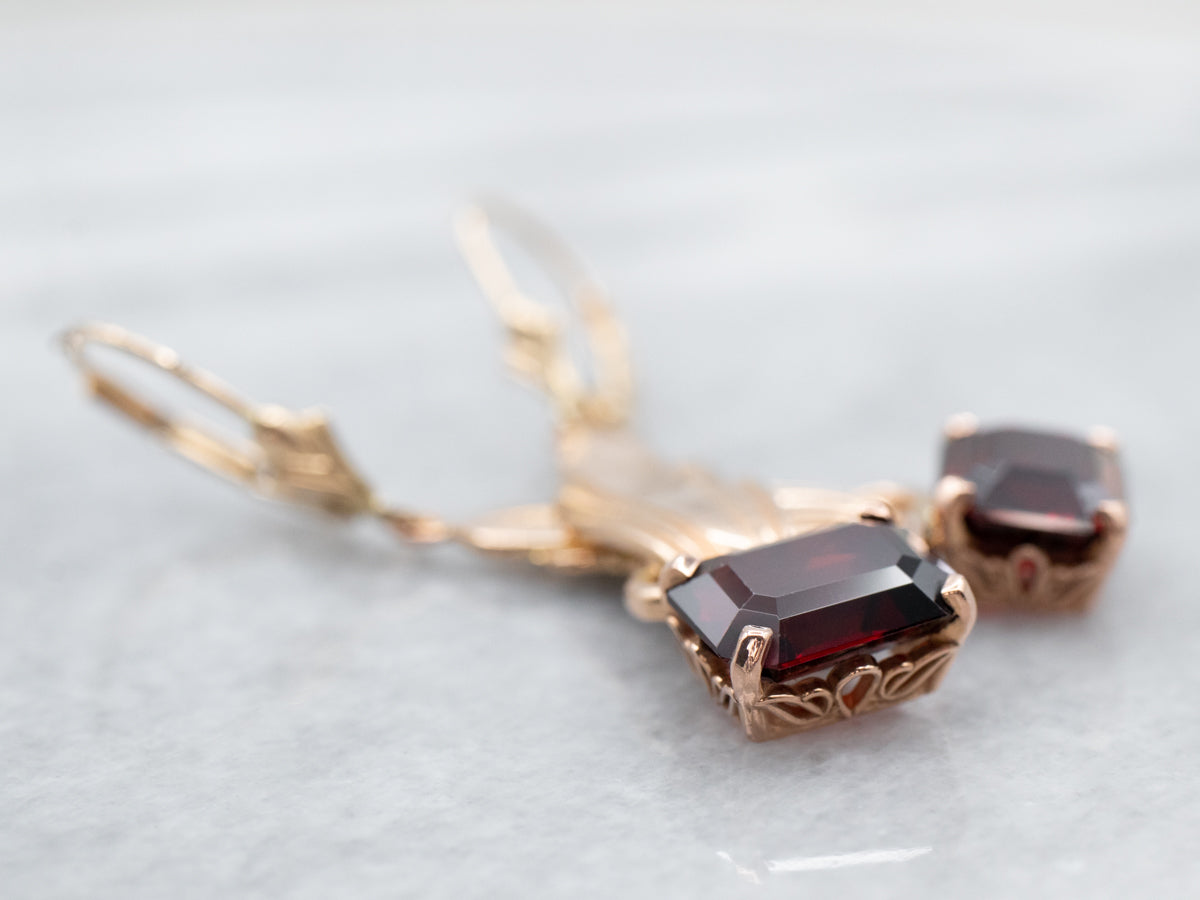 Vintage Rose Gold Pyrope Garnet Drop Earrings