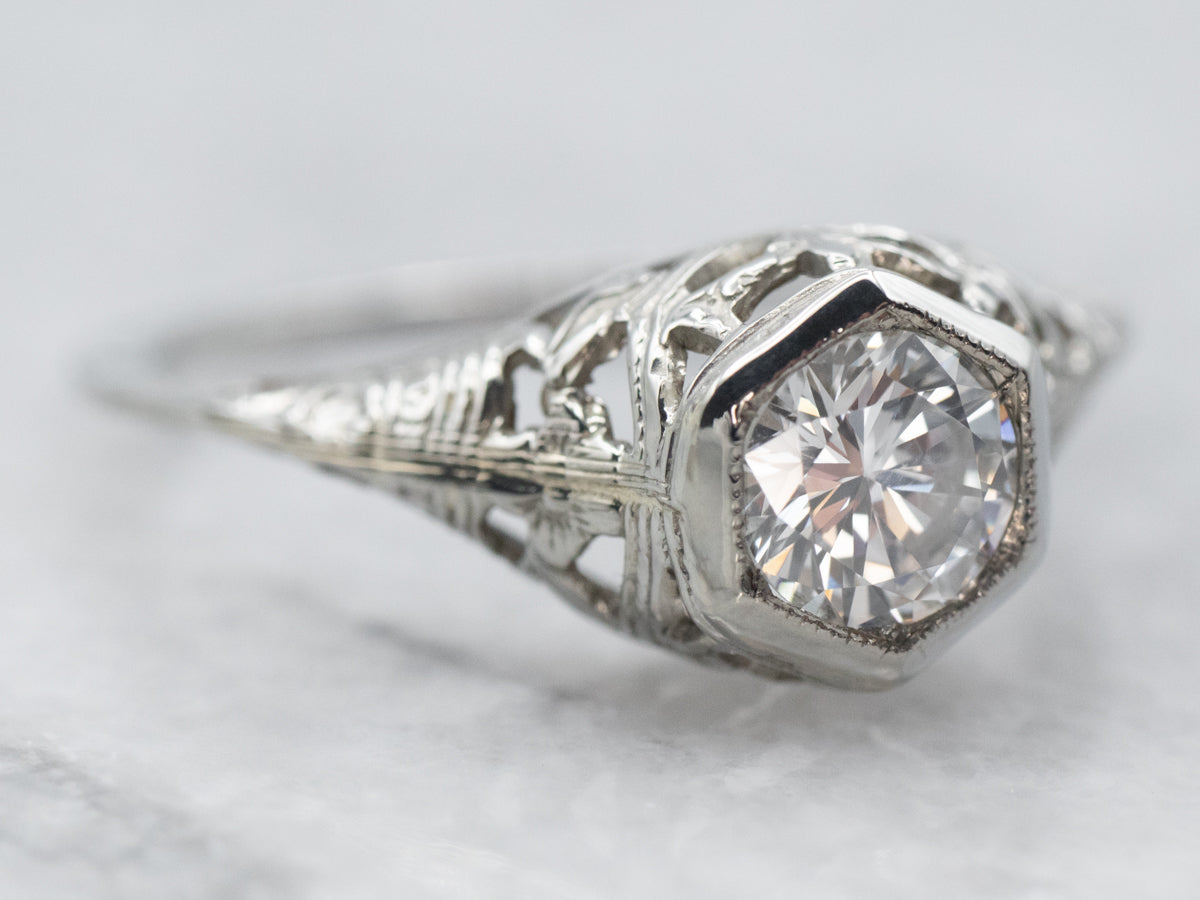 Floral Art Deco Diamond Engagement Ring