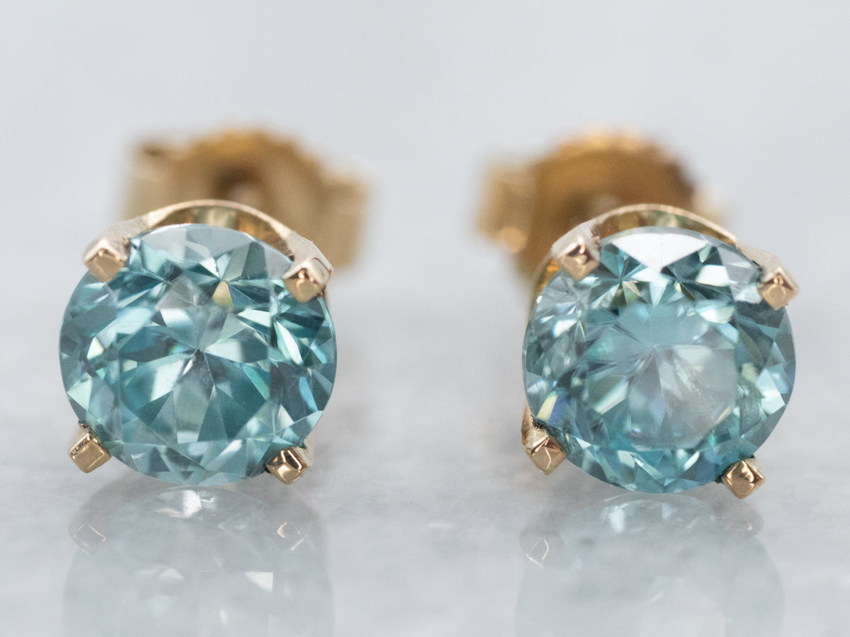 Blue Zircon Yellow Gold Stud Earrings