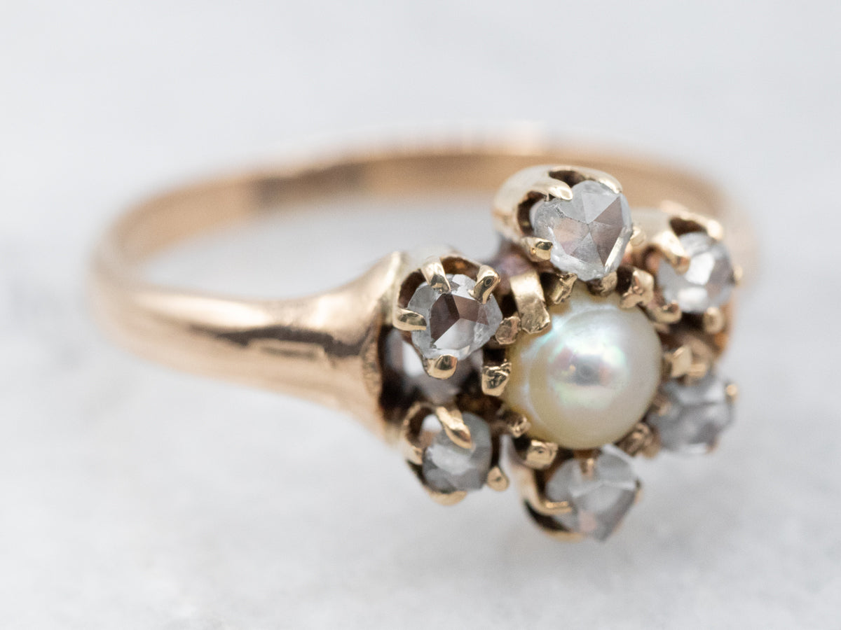 Antique Pearl and Rose-Cut Diamond Halo Ring