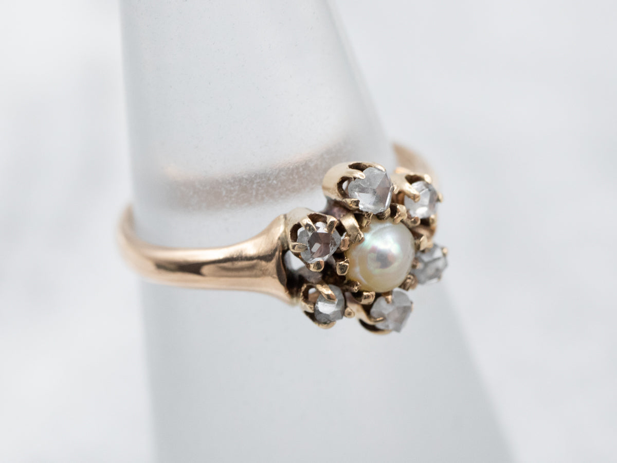 Antique Pearl and Rose-Cut Diamond Halo Ring