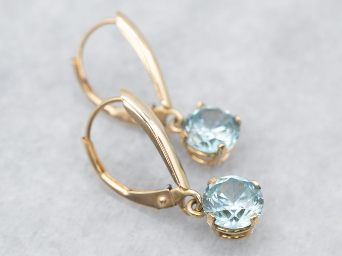 Yellow Gold Blue Zircon Drop Earrings