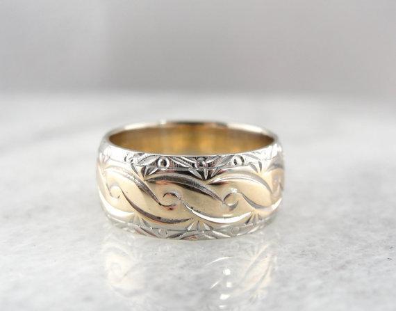 Yellow and White Gold, Wide Decorative Wedding Band